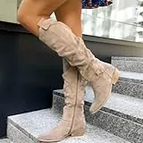 Generisch Stiefel Damen Bequeme Wildleder Elegant Absatz Westernstiefel Damen Runde Zehen Hohe Einfarbige Langschaft Boots Damenstiefel Winterstiefel