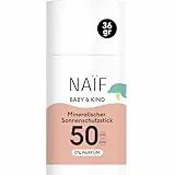 Naïf - Mineralischer Sonnenschutzstick - für Baby & Kind - LSF 50-0% Parfüm - Stick ohne Mikroplastik, Mineralöle oder Silikone - UVA und UVB Schutz - Wasserresistent - Dermatologisch Getestet - 36g