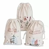 Papierdrachen Geschenkverpackung Weihnachten 2025 - Stoffbeutel 3er Set - 20×30 cm - beige-pastell mit Stickerei - wiederverwendbar zum Befüllen