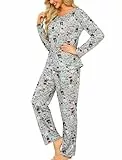 ENJOYNIGHT Schlafanzug Damen Lang Pyjama Set Baumwolle Langarm Nachtwäsche Zweiteiliger Hausanzug mit Taschen (XX-Large,Grauer Hund)