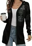 GRECERELLE Damen Strickjacke Sommer Leichte Lang Elegant Cardigan Dünne Strickjacken Casual Cover Up Open Front Boho Strickmantel (L01 Black, L)