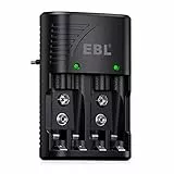 EBL Akku Ladegerät für AA AAA 9V NIMH Akkus, 4-Ladefach Smart Plug Batterieladegerät, Multi-Schutz, LED-Anzeige, Schnellladegerät für AA AAA 9V