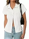 Cicy Bell Bluse Damen Hemd Sommer Kurzarm T-Shirt Button Down Plissee Blusen Casual Oberteile Einfarbig Slim Fit Top Weiß L