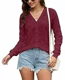 Toplop Strickjacke Damen Herbst Langarm Cardigan Kurze Strickcardigan Jacke mit Waffelmuster und Knöpfe Weinrot S