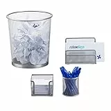 Relaxdays Schreibtisch Organizer 4er Set Metall, Schreibtisch-Set, Ablage, Zettelbox, Stifteköcher, Mülleimer, silber