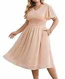 Hanna Nikole Abendkleider Elegant FüR HochzeitsgäSte GroßE GrößE Damen Chiffon-Kleider RüSchenäRmel Freizeitkleider Halbformelles Sommerkleid FließEndes Midikleid A-Linien-Kleid Mit Gesmokten Taillen