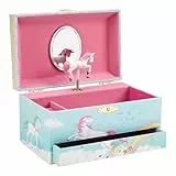 Jewelkeeper Einhorn Spieluhr & Schmuckset für kleine Mädchen - Edelstahl - 3 Einhorngeschenke für Mädchen, Halskette, Armband - Einhorn Blau mit Regenbogen