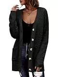 Saodimallsu Strickjacke Damen Langarm Cardigan Open Front V-Ausschnitt Knopfleiste Sweater Lose Grobstrick Pullover Casual Elegant Strickmantel mit Taschen Schwarz M
