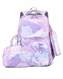 Amythe Schulrucksack Mädchen 3 Teilig, Rucksack Schule Teenager, Grundschule Mittelschule Schultaschen-Set Lunchtasche Federmäppchen, Kinderrucksack Schulranzen für 3-9 Klasse, Lila