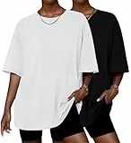 Ekouaer 2 Pack T Shirt Damen Oversize Sommer Top Rundhals Tshirt Lockere Basic Tops Kurzarm Oberteile Casual Bluse, Schwarz + Weiß XL