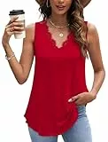 WIHOLL Tank Top Damen Spitzen Blusenshirt Elegant Ärmellos Tshirt Casual Basic Oberteile Sommer Shirt V Ausschnitt Rot L