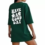 T-Shirt Damen Baumwolle Kurzarm Oversized Tshirt Sommer Oberteile Rundhals Bedrucken Tops Casual Lose Tunika Bluse Tee Teenager Shirts (DE/NL/SE/PL, Alphanumerisch, L, Regular, Regular, Grün)
