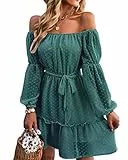 BebreezChic Kleid Damen Elegant Langarm Off Shoulder Einfarbig Swiss Dot Luftig Sommerkleid Minikleider Partykleid Strandkleid mit Gürtel, Grün L