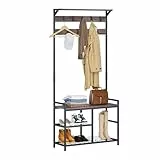 Leader Accessories Garderobenständer mit Bank Metallgarderoben rustikal Kleiderständer 182x30x84cm (HxTxB) Schwarz/Vintage Braun