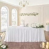 NSSONBEN 275cm White Polyester Table Skirts for Rectangle Tables, Wrinkle Free Ruffle Pleats Cloth Table Skirt for Banquet Wedding Birthday Baby Shower Trade Meeting Cake Dessert Tables(No Top Cover)
