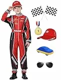 KUKIKUKI Rennwagenfahrer Kostüm Jungen Racer Overall mit Auto Kappe Kinder verkleiden sich für Halloween (Rotes Set, 120)