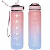 NAVTUE Trinkflasche, 1L Sport-Wasserflasche mit Strohhalm, Zeitmarkierungen, auslaufsicher, BPA-freiTritan, Wasserflasche für Schule Radfahren Laufen (1 Flasche Rosa-blau)