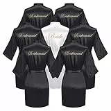 6-teiliger Satin-Bademantel, kurzer Kimono, Braut, Brautjungfer, Bademäntel für Hochzeit, Party, 7 Stück, Schwarz (Braut + Brautjungfer), Einheitsgröße