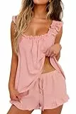MARZXIN Schlafanzug Damen Kurz Zweiteiliger Pyjama Kurzarm Set Brautpyjama Sommer Nachtwäsche Loungewear Sleepwear Hausanzug Rüschen Ärmelloses Tank Top und Short Rosa M