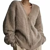 Kaschmir Cardigan für Damen, Flauschiger Strickjacke, Plüsch, V-Ausschnitt, offene Vorderseite, Knopf, Pullover Jacken