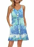 AUSELILY Damen Kleider Sommer Spaghettiträger Knielang Strandkleider Kurz V Ausschnitt Kleid Leicht Mit Taschen Sommerkleid Für Frauen
