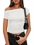 OYIGELZ Schulterfreies Oberteile Damen Tshirt Basic Kurzarm Y2K Slim Fit Klassischer Schnitt Crop Tops Einfarbig Shirt Sommer Casual Tee Shirts(Weiß-L1,S)