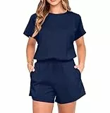 IWOLLENCE Hausanzug Damen Zweiteiler Sport Set Loungewear Damen Tracksuit mit Elastischem Bund und Taschen (Marineblau, L)