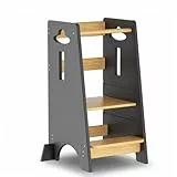 COSYLAND Lernturm ab 1 Jahr - Höhenverstellbarer Learning Tower für Kinder (3-stufig) - Montessori Lernturm mit Kippschutz & Massivholz (Dunkelgrau und Holz)