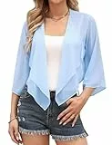 Aottori Damen Bolero Chiffon Cardigan Leichte Kurze Festliche Bolerojacke Elegant Sommer Shrug Schulterjacke Transparent Jäckchen mit 3/4 Ärmel Hellblau XXL