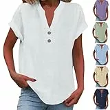 KOG Damen Shirts Fashion Leinen Tshirt Sommer Kurzarm Tee Shirt Frauen Blusenshirt Slim Fit Leinenbluse Blusen Rundhals Freizeit Tee T-Shirt Weiß XXL