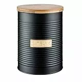 TYPHOON OTTO 1,4 L Tee Aufbewahrung luftdicht mit Bambusdeckel und Silikondichtung, Schwarz, dekorative Tee Aufbewahrungsbox aus beschichtetem Stahl, Matcha Dose mit goldener Beschriftung