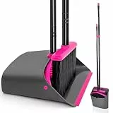 JEHONN Besen und Kehrschaufel Set mit Langem Stiel 137 cm, Kehrbesen und Aufrecht Stehende Schaufel mit Kammzähnen, Broom Kehrset für Innen Haus Küche Lobby Garten Büro Zimmer (Rosen Rot)