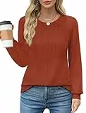 WIHOLL Pullover Damen Elegant Langarmshirt Rundhals Tunika Locker Sweatshirts Langarm Oberteil Tshirt Herbst Winter Karamell L