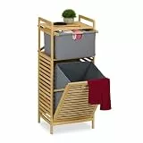 Relaxdays Wäschekorb, kippbarer Wäschesammler, 30 Liter, Ablage & Schublade, Bambus, Stoff, HBT: 95x40x33 cm, natur/grau