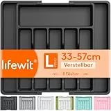 Lifewit Besteckkasten für Schubladen 40 50, verstellbarer Kunststoff Organizer Küche Tiefe 38 cm, Besteckeinsatz 6-8 Fächer, erweiterbar bis 57 cm, für Löffel, Gabeln und Geschirr, Schwarz