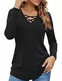 Totatuit Langarmshirt Damen T-Shirt V Ausschnitt Langarm Oberteile Criss Cross Elegant Basic Locker Shirts Casual Longshirt Bluse Lässig Solide Tops für Frühling Herbst Schwarz L
