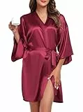 Wikoan Bademantel Damen Kimono Robe Mit Gürtel Satin Bademäntel Kurz Morgenmantel Weich Bathrobe V-Ausschnitt Nachtwäsche Burgunderfarben M