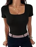 Aottori Damen T-Shirt Slim Fit Basic Tee Shirts Eckigem Ausschnitt Kurzarm Sommer Tshirt Stretch Gerippt Oberteile Casual Tops Schwarz L