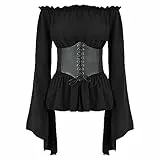 ABEHIK Damen Mittelalter Oberteil f�r Frauen Gothic Renaissance Bluse Langarm Trachtenbluse mit Trompeten�rmel Schulterfrei Shoulder Shirt