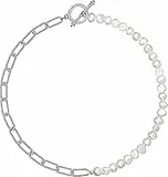 HMOOY 18K vergoldet Halbperle Halbkette Perlenkette und Goldkette Büroklammer Halskette Cuban Gliederkette mit Perle Trendiger Schmuck für Damen Herren (Silber 1)