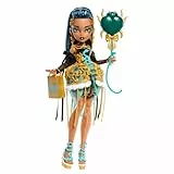 Monster High Scary Sweet Birthday-Puppe, Cleo De Nile im goldenen Partykleid mit themenbezogenem Zubehör wie Einladung, Luftballon, Geschenk, Lippenstift und mehr, JBG76