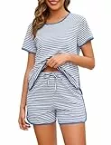 Namatime Schlafanzug Damen Kurz Baumwolle Pyjama Sets 2 Stück Loungewear Stripe Nachtwäsche Kurzarm Top und Shorts mit Taschen Blau S