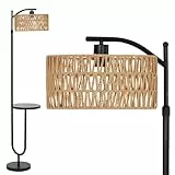 LuminexDesigns Stehlampe Wohnzimmer Vintage Rattan - Stehleuchte Schwarz Retro E27 mit Ablage Höhenverstellbar 176CM Boho Standleuchte Fußschalter Beige Standlampe für Schlafzimmer WOVI MF24