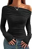 TrendiMax Damen Langarmshirt Elegant Stretch Pullover Slim Fit One Off Shoulder Oberteil Langarm Tshirts Crop Top Schulterfrei Asymmetrischer Y2k Enge Tops Sexy (M, Schwarz)