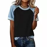UHouse Bluse Damen Kurzarm T Shirt Sommer Blusenshirt Freizeit Jeansbluse Lässig Baseball Tshirt Rundhals Oberteile Mode Blusen Elegant Damenblusen Leichte Sweatshirt Kleidung Frauen Top Schwarz XXL