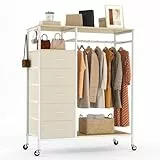 HOKEEPER Kleiderständer,Offener Kleiderschrank,Kleiderständer auf Rollen,Kleiderstange,Fahrbarer Kleiderständer mit Schubladen,Clothes rack, Haken,Beige