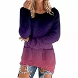 HANXIULIN bunter Pulli Damen Teddy Fleece Pullover Winter Warm Fleecepullover Einfarbig Langarm Rundhals Sweatshirt ohne Kapuze Kuscheliger Plüsch Winterpullover Pulli