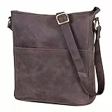 LEABAGS Leder Handtasche Damen I Premium Echtleder Umhängetasche I Damen Schultertasche I Damentasche I Tragetasche für Arbeit Uni Schule Freizeit I Größe M (24 x 23 x 6 cm) I Nature Dunkelbraun