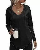 SENBATU Hoodie Damen Langarm Pullover V-Ausschnitt Kapuzenpullover Sweatshirt mit Kordelzug und Taschen Schwarz Mittel