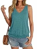 Cuptacc Top Damen Ärmelloses Oberteile Baumwolle V-Ausschnitt Tanktop Sommer Elegant Einfarbig Weste Blau Grün, Mittel M 38-40